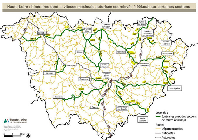 Carte image des routes à 90 km/h en Haute-Loire