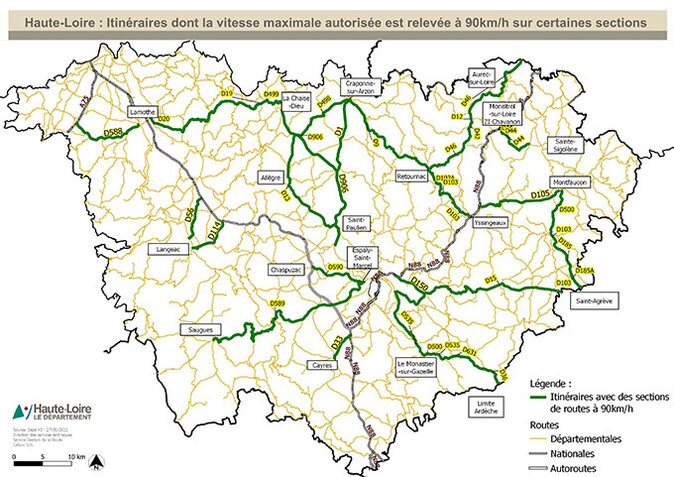 Carte image des routes à 90 km/h en Haute-Loire Carte image des routes à 90 km/h en Haute-Loire